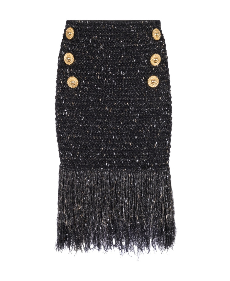 Balmain Fringed Tweed Short Skirt With 6 Buttons In Black