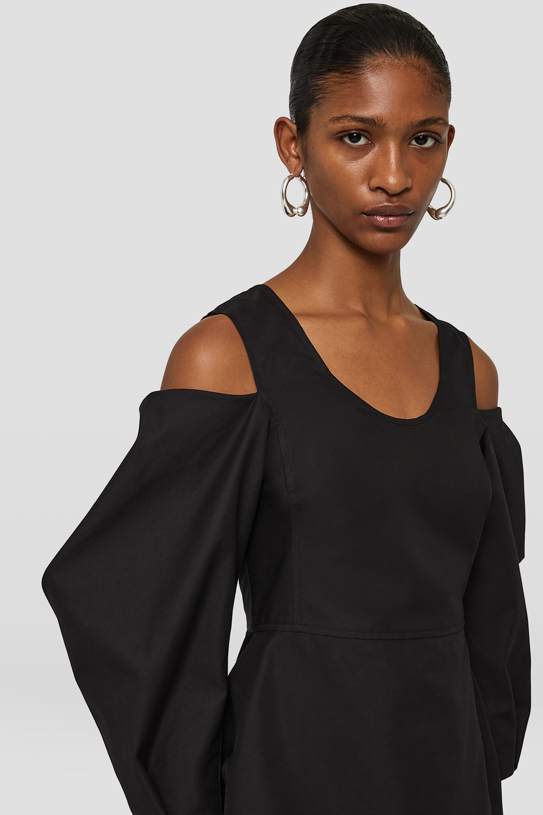 Jil Sander Gathered Cold-shoulder Top With Puff Sleeves In Black