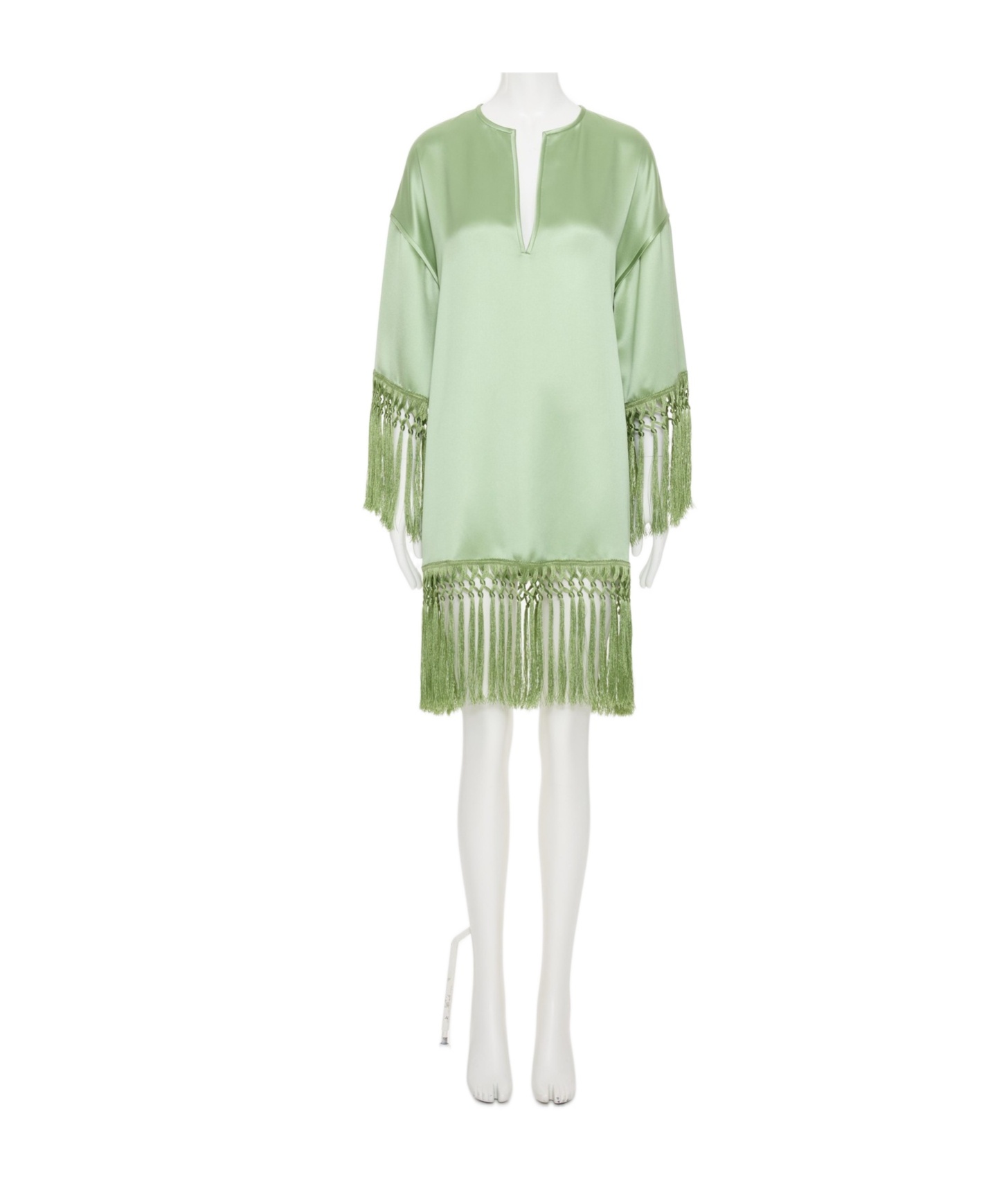 Valentino Tunic Dress In Silk Satin With Fringe In Green