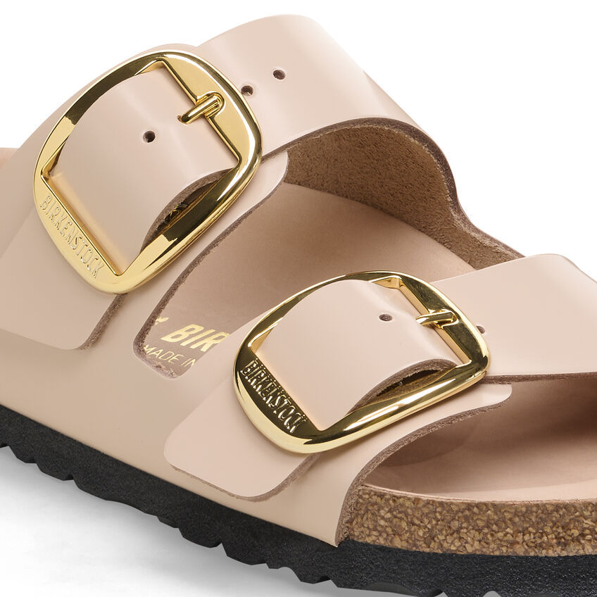 Shop Birkenstock Arizona Big Buckle Leather Slides In Nude