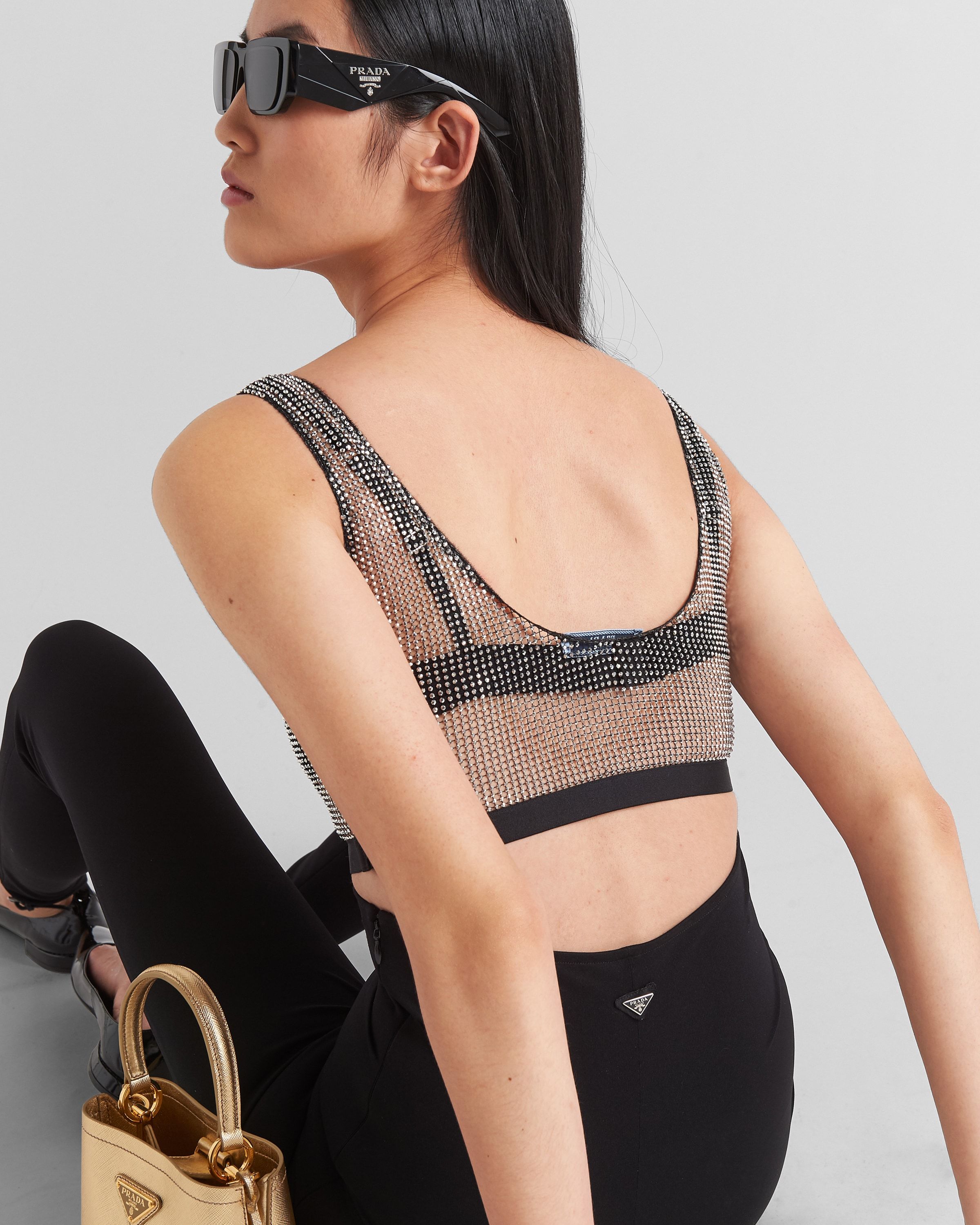 Prada Rhinestone-embellished Mesh Crop Top In Red Iron Color