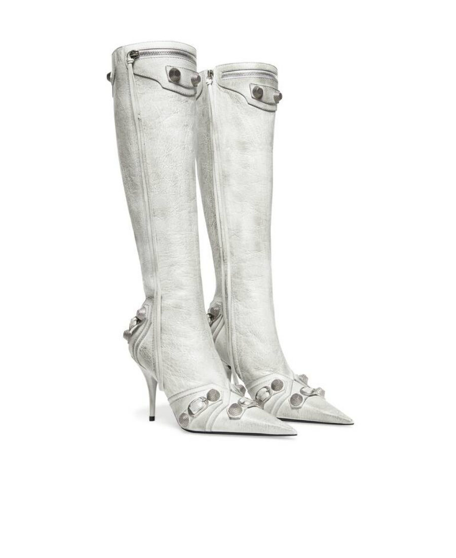 Balenciaga Cagole Leather Knee Boots With Stiletto Heel In White