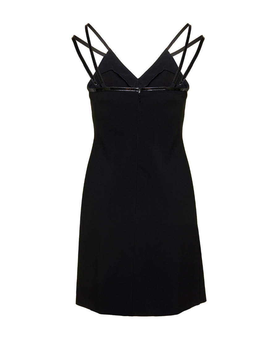Gucci Mini Black Dress With Black Leather Trim And Double Strap In Stretch Viscose Woman In Black