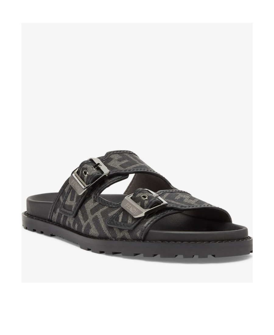 FENDI BLACK LEATHER AND FABRIC SANDALS