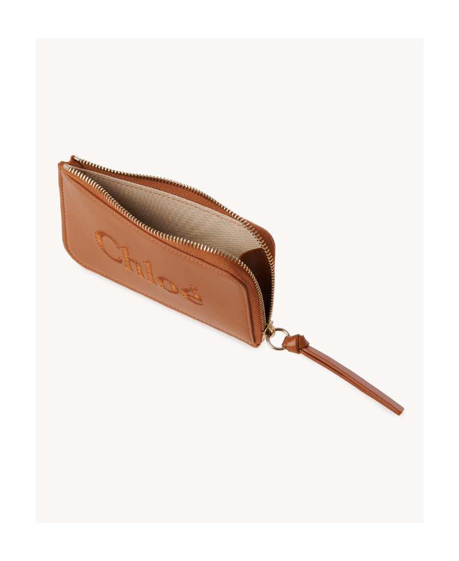Chloé Leather Embroidered-logo Purse In Brown