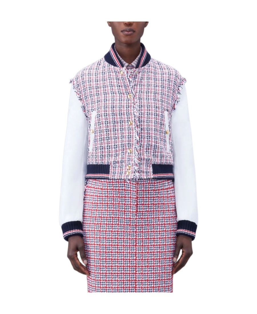 Thom Browne Rwb-stripe Crochet Panelled Bomber Jacket In Multi