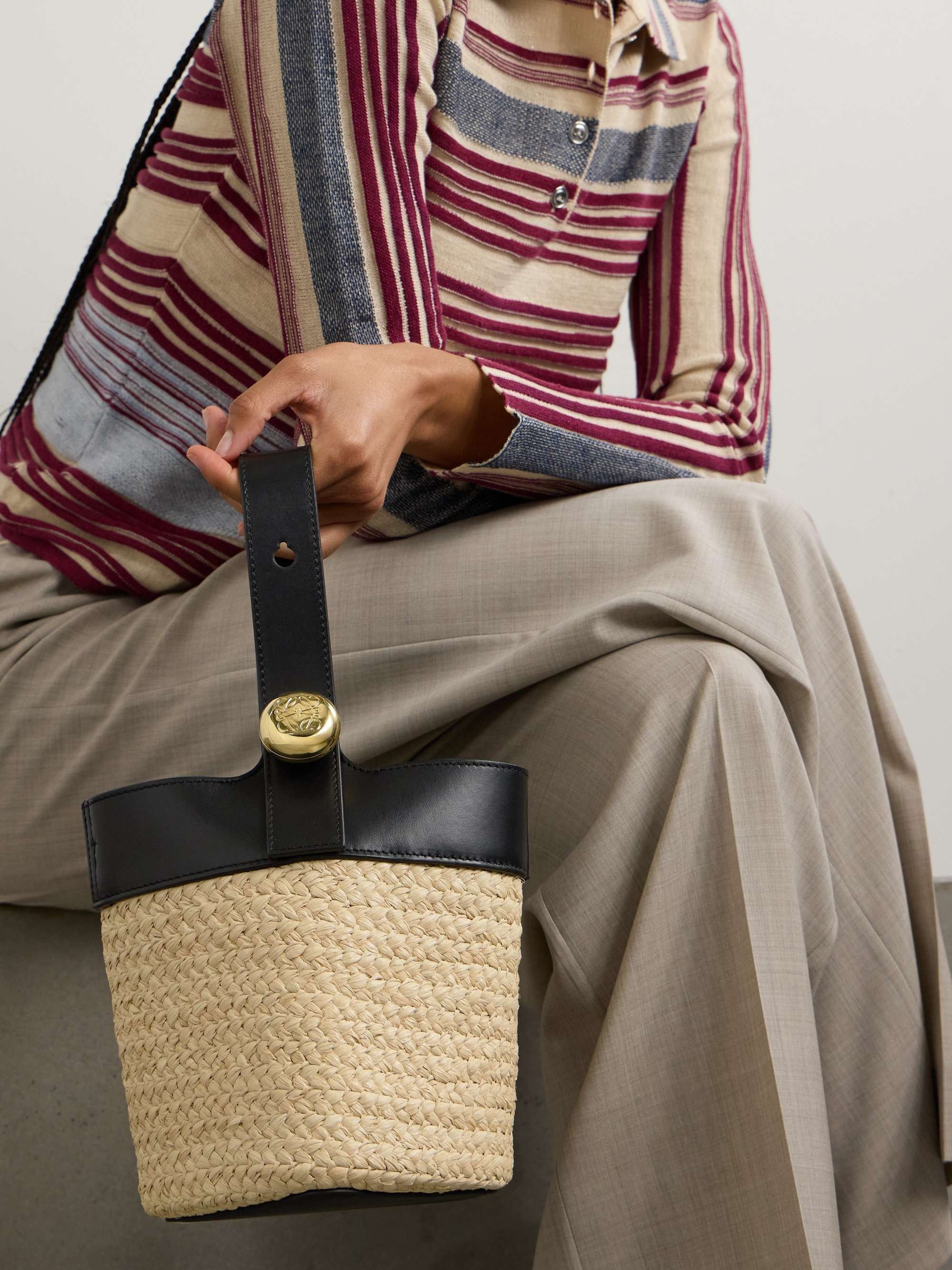 Loewe Pebble Mini Leather-trimmed Raffia Tote In Nude