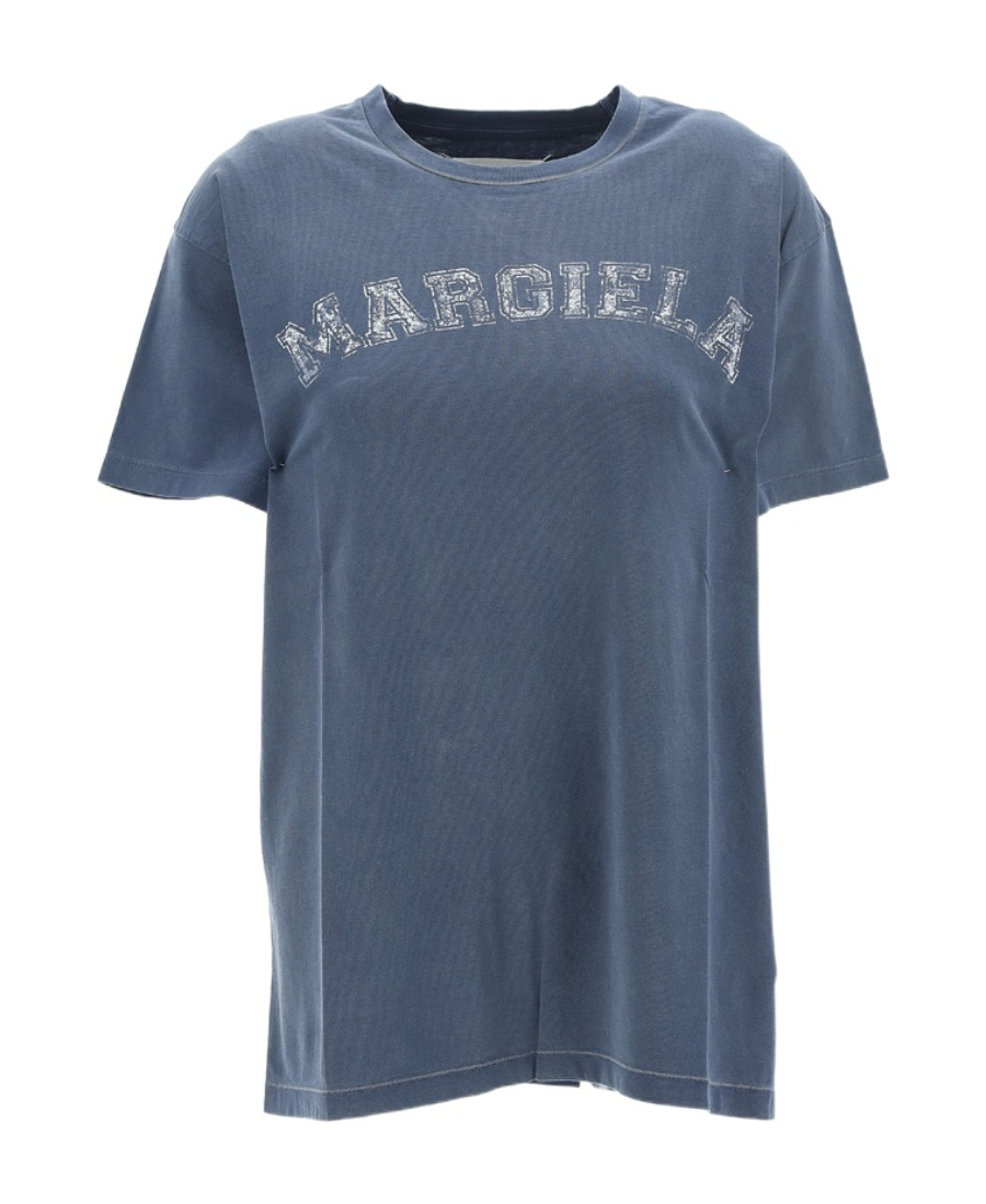 Maison Margiela Blue Crewneck T-shirt With Logo Lettering Print In Cotton Woman In Blue