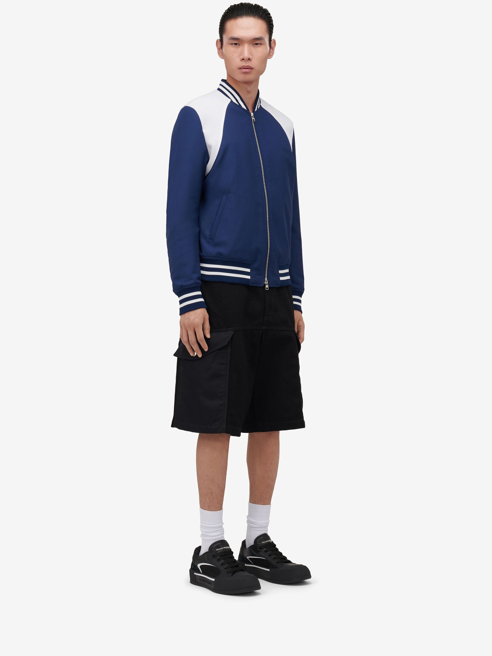 Alexander Mcqueen Panelled Wool And Mohair-blend Bomber Jacket In Blue