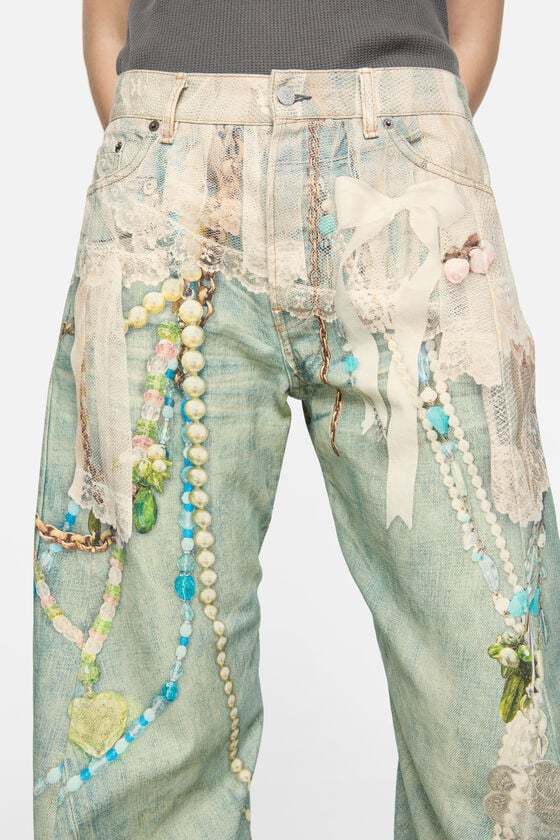 Acne Studios Womens White Green Graphic-print Wide-leg Denim Jeans In Blue