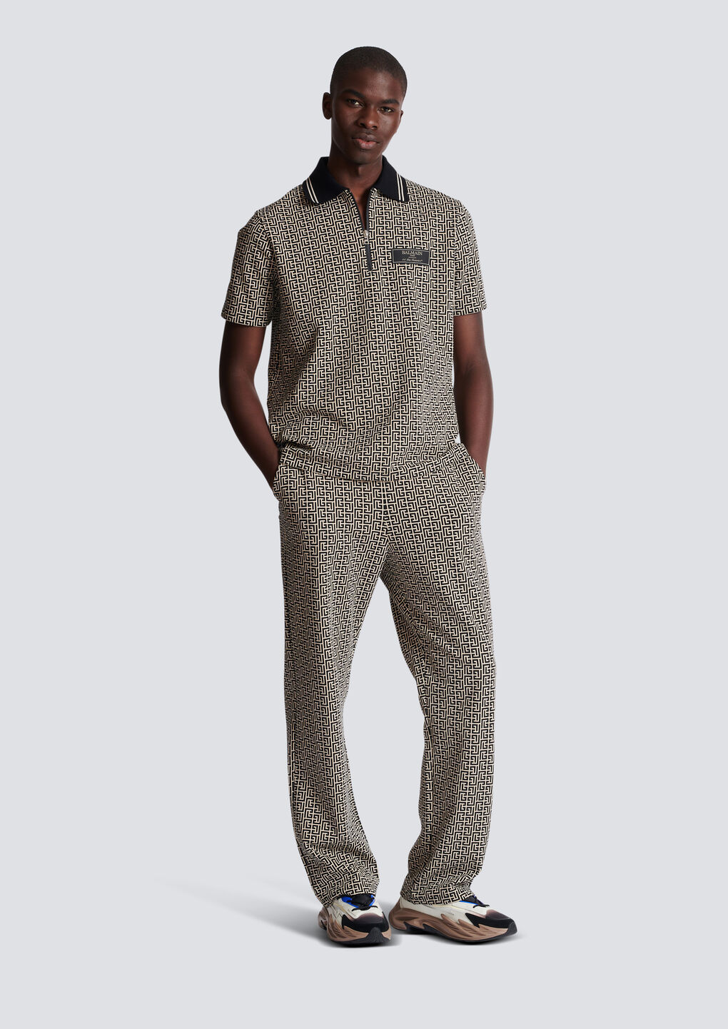 Balmain Labyrinth Polo Shirt With Jacquard Effect In Black