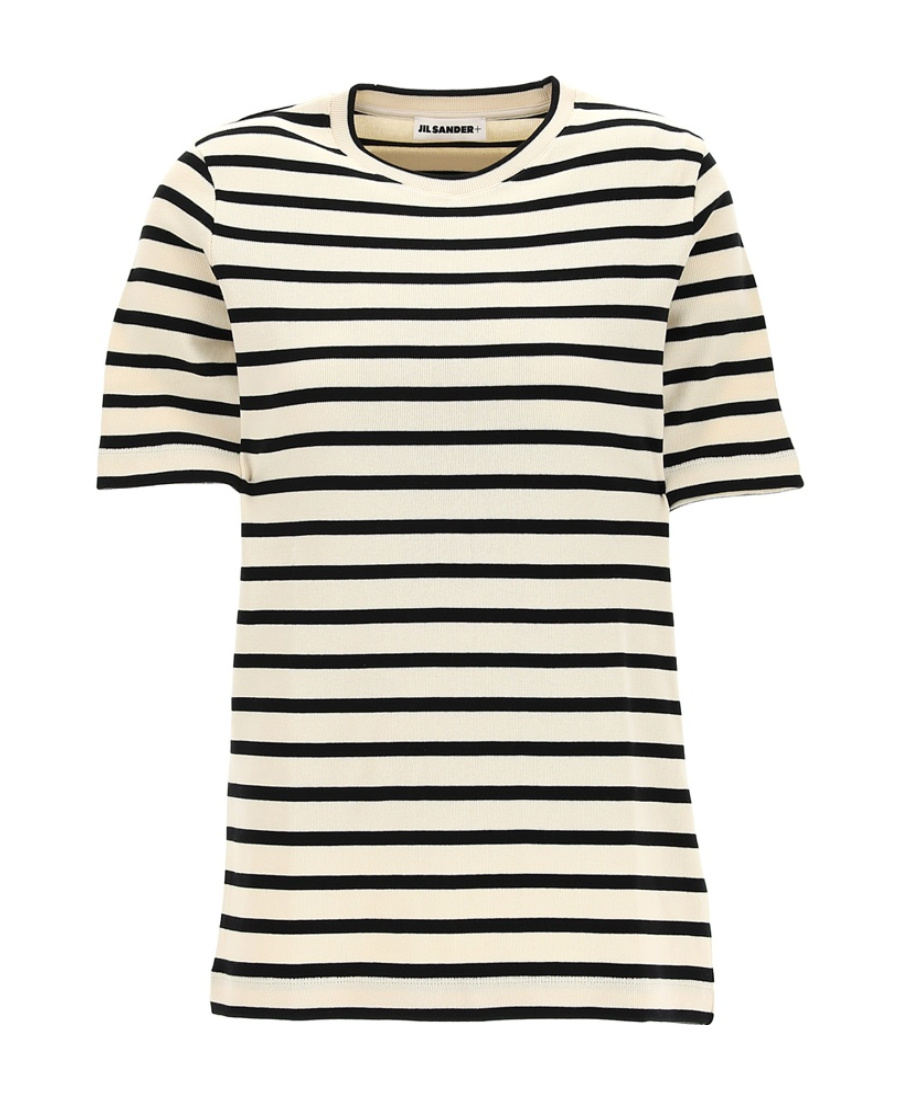 Jil Sander Black And White Knitted Striped T-shirt In Cotton Woman In White