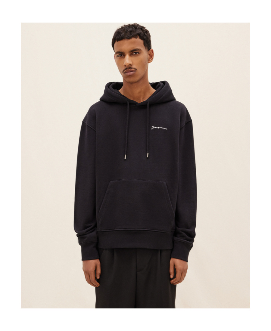 Jacquemus Embroidered Logo Drawstring Hoodie In Blue