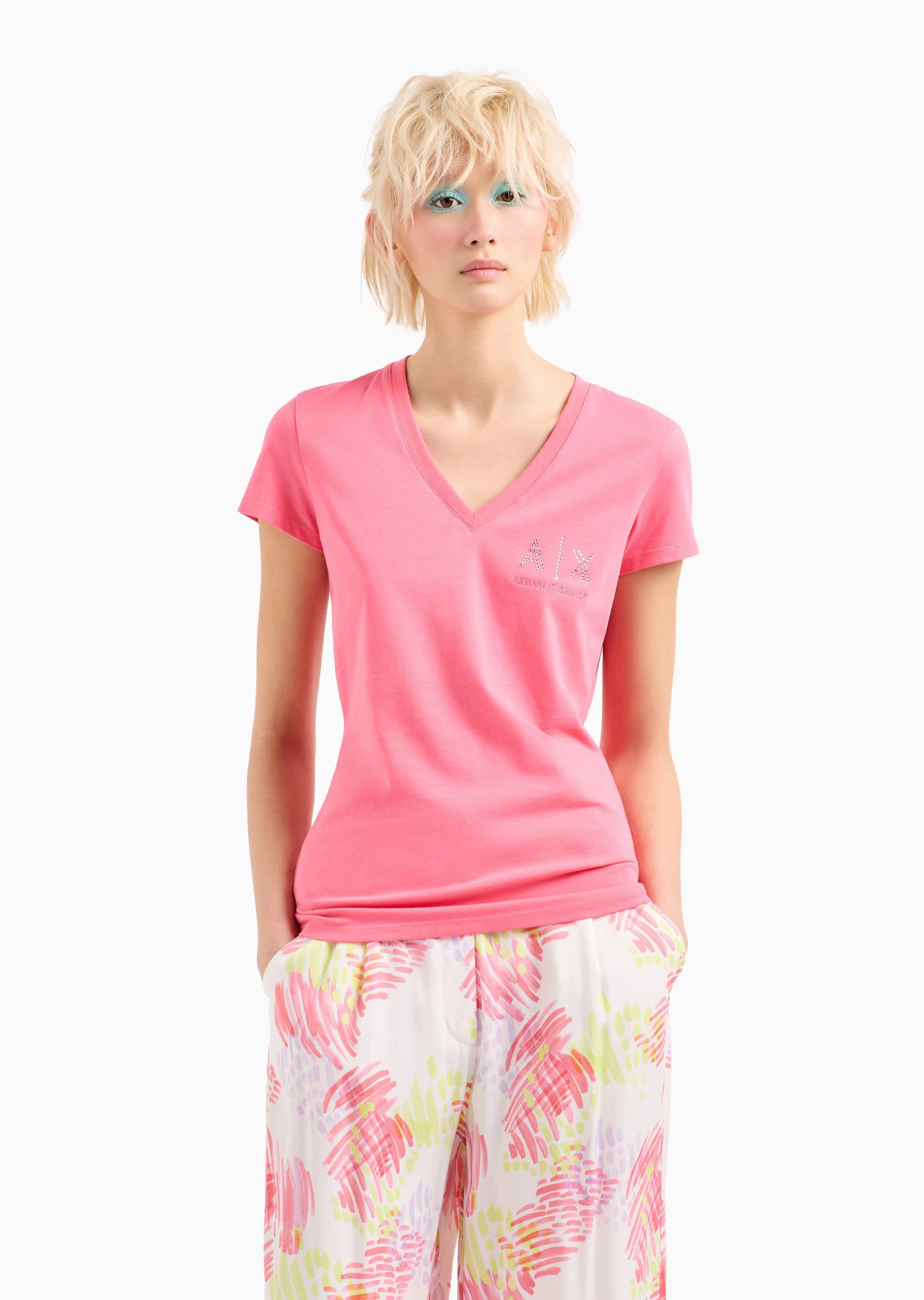 Armani Exchange V-collar Short-sleeved T-shirt In Pink