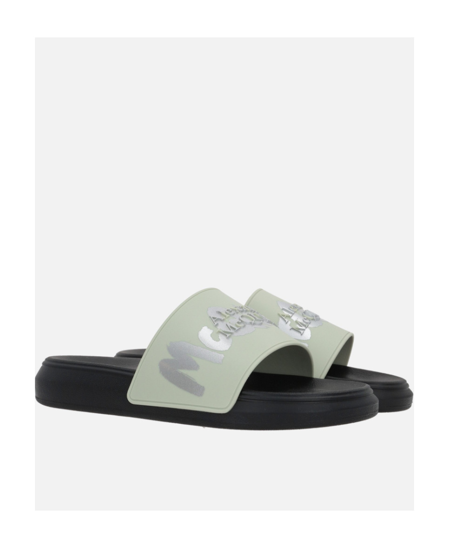 Alexander Mcqueen Embossed-logo Open Toe Slides In Green
