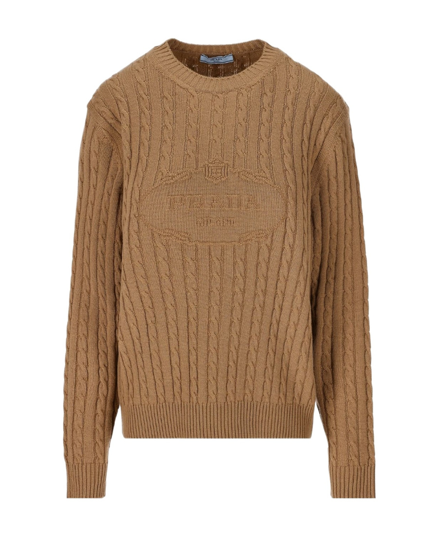 Prada Textured Cable Knit Sweater In Brown