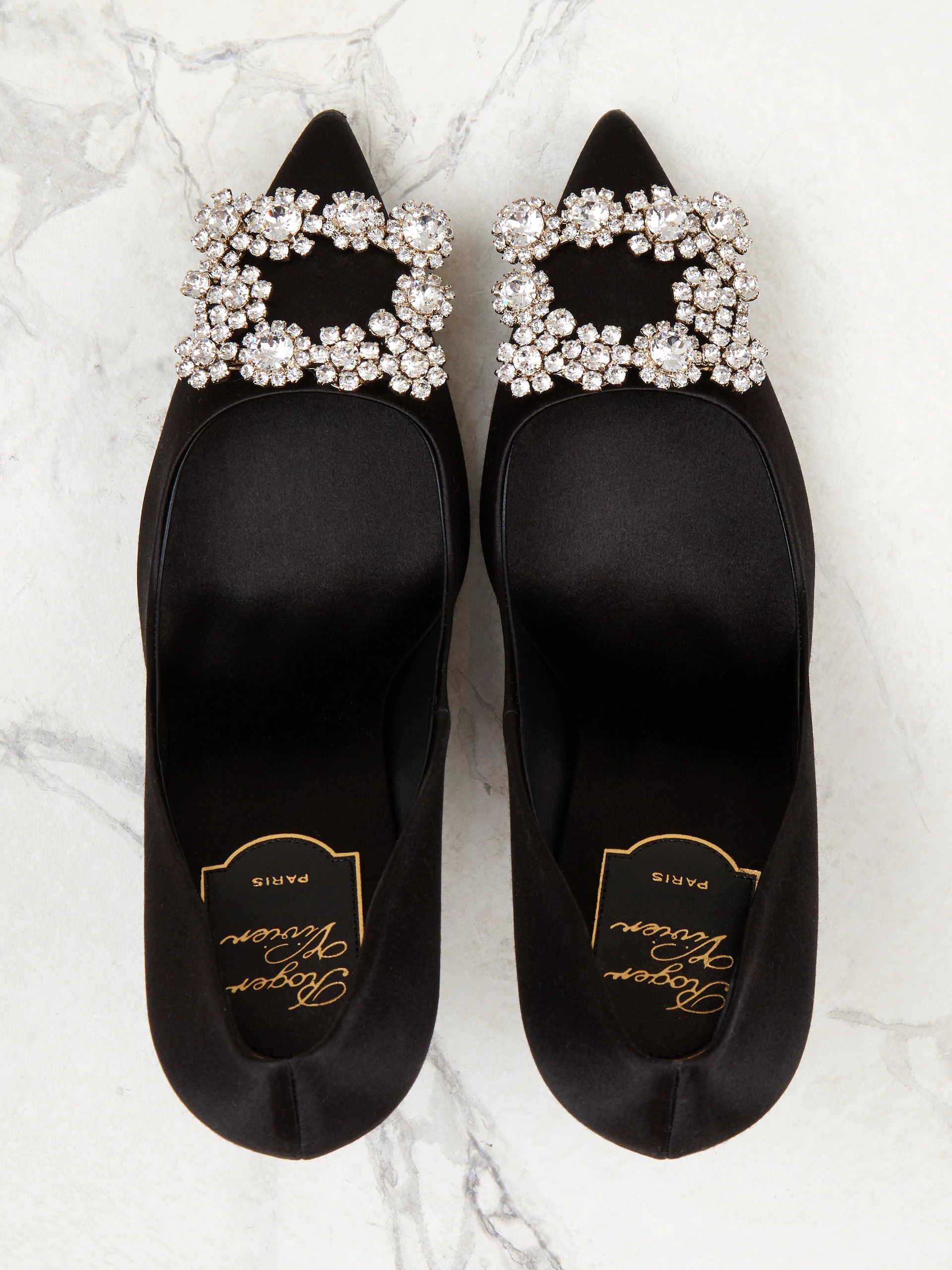 Roger Vivier 65 Crystal Flower Buckle Satin Pumps In Black