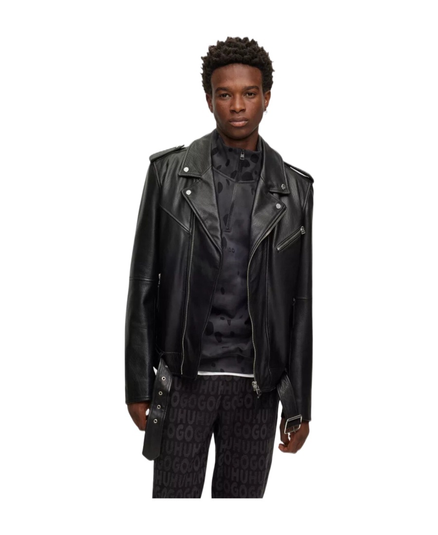 Hugo Boss Lowis Leather Biker Jacket In Black