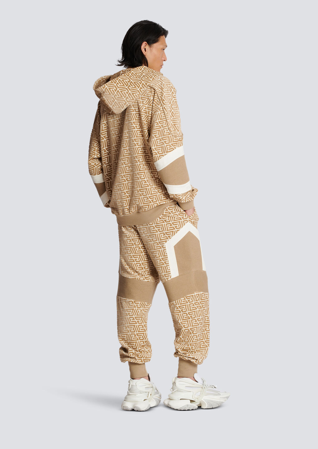 Shop Balmain Hoodie With Printed Pyramid Monogram In Nude
