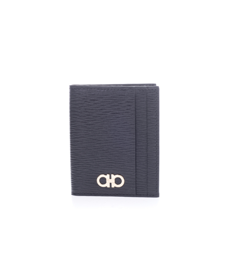 Ferragamo Black Cardholder With Gold-tone Gancini Logo In Calf Leather Man In Black