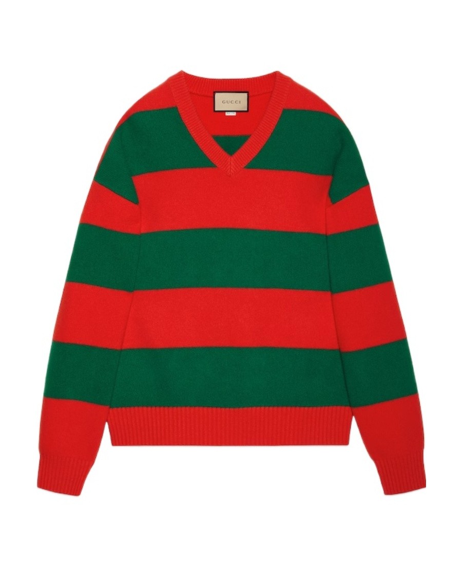Gucci Striped Wool Blend V Neck Sweater In Red