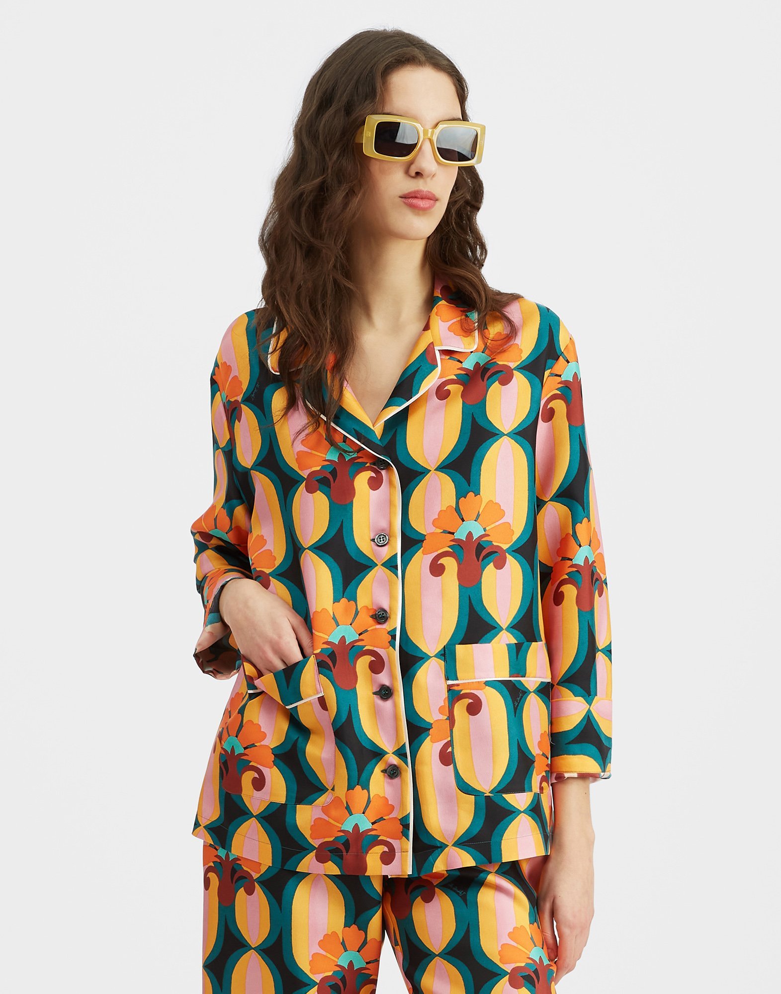 La Doublej Geometric-print Silk Shirt In Multicolor