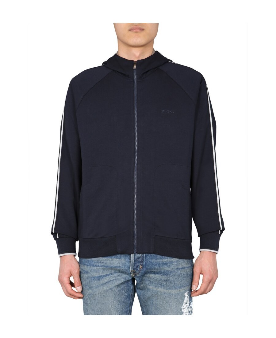 Zegna Logo Zipper Hooded Casual Jacket In Black