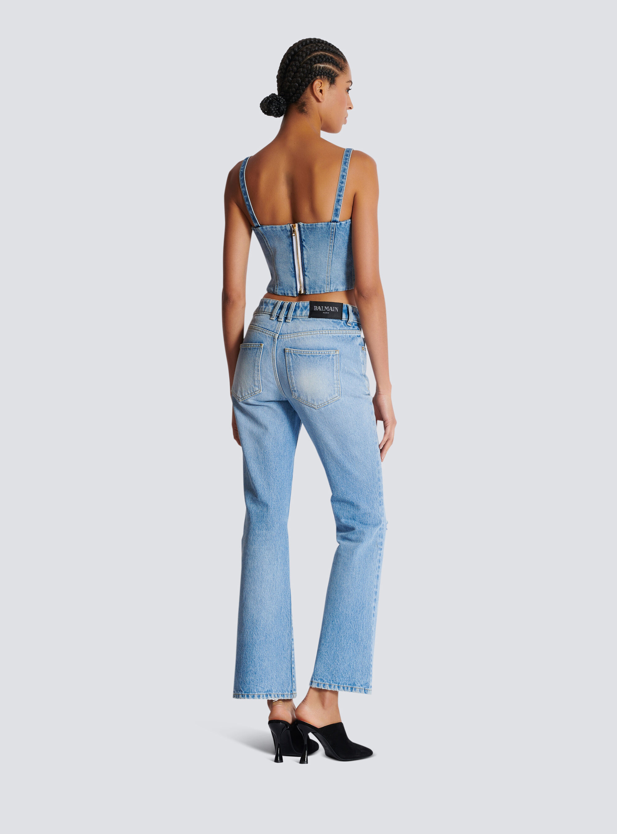 Balmain Button-embellished Denim Bustier Top In Blue