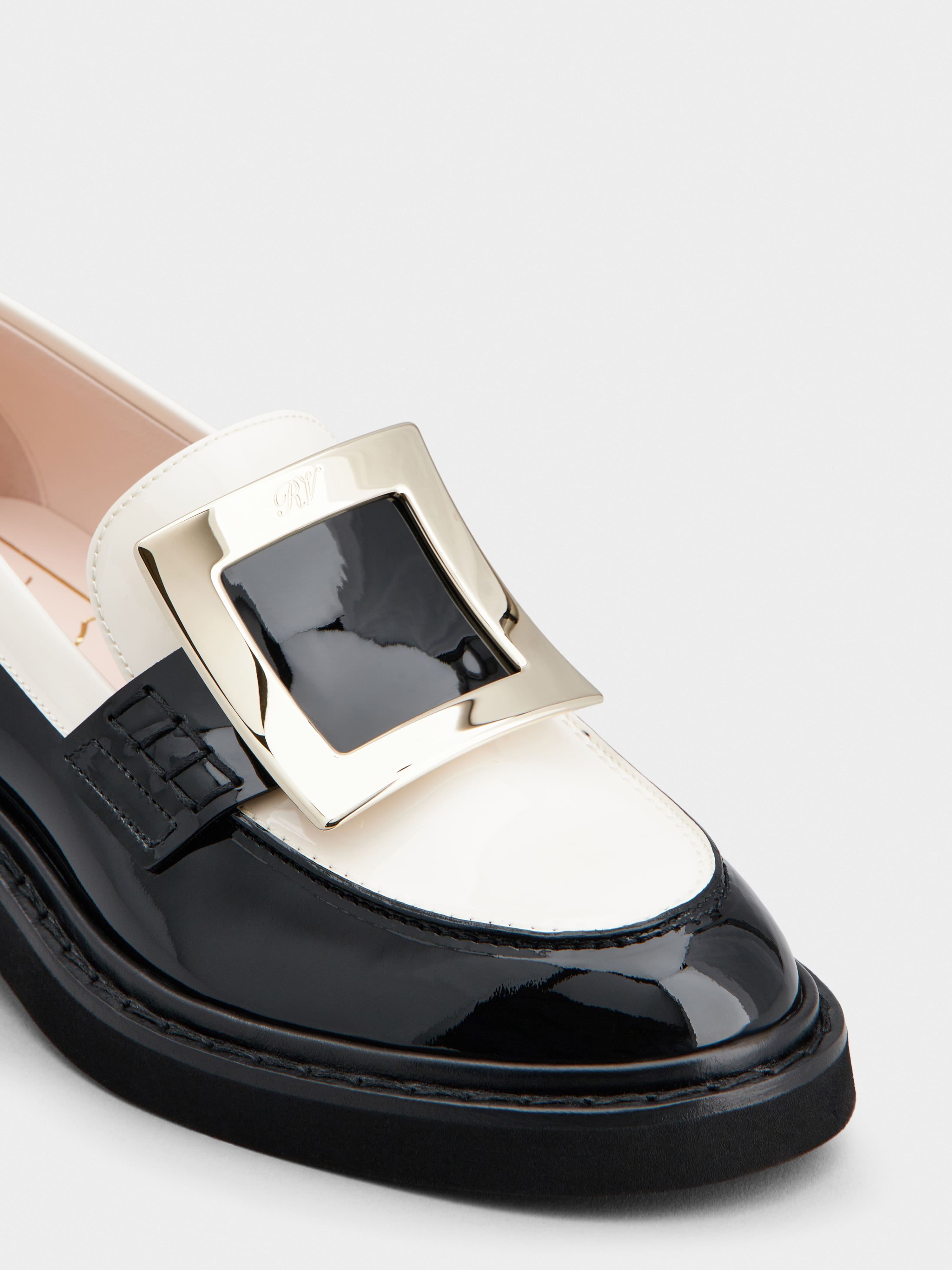 Roger Vivier Viv' Rangers Metal Buckle Loafers In Patent Leather In Black