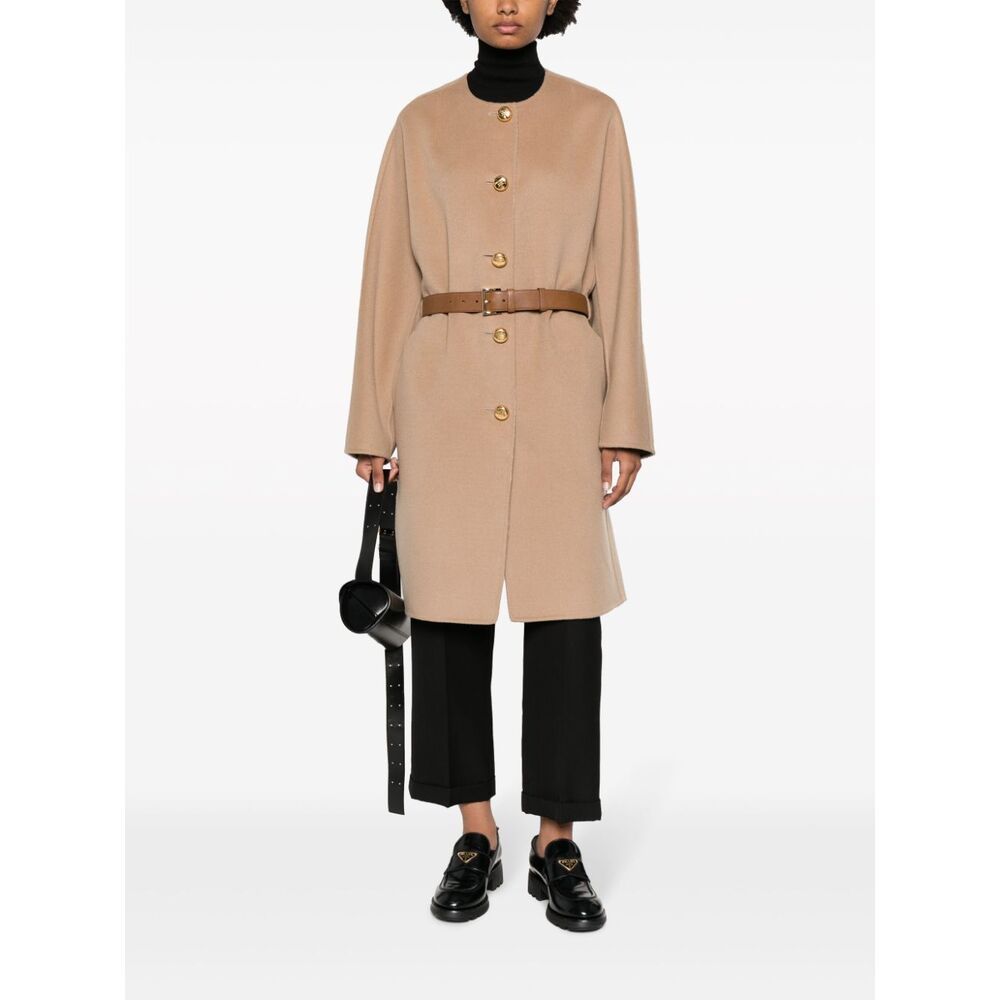 Prada Single-breasted Belted Coat In Neutral
