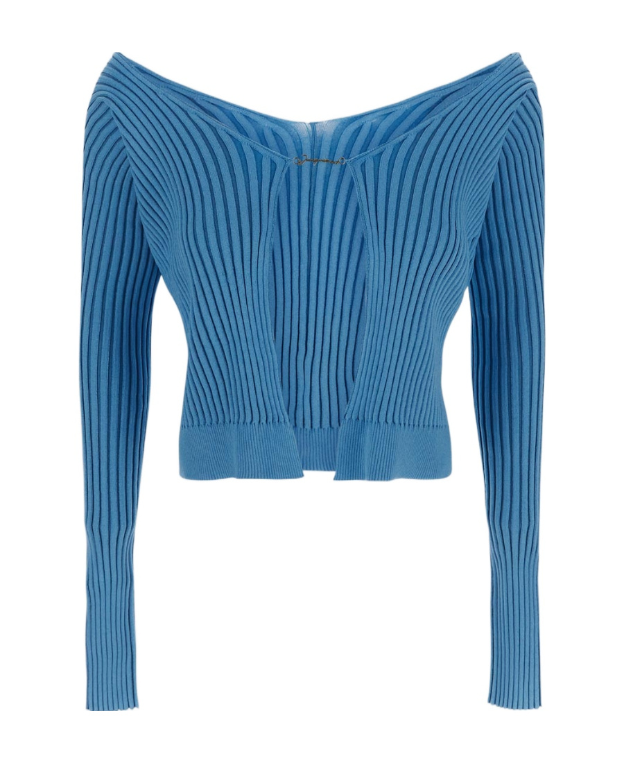 Jacquemus Logo-plaque Ribbed-knit Cardigan In Blue