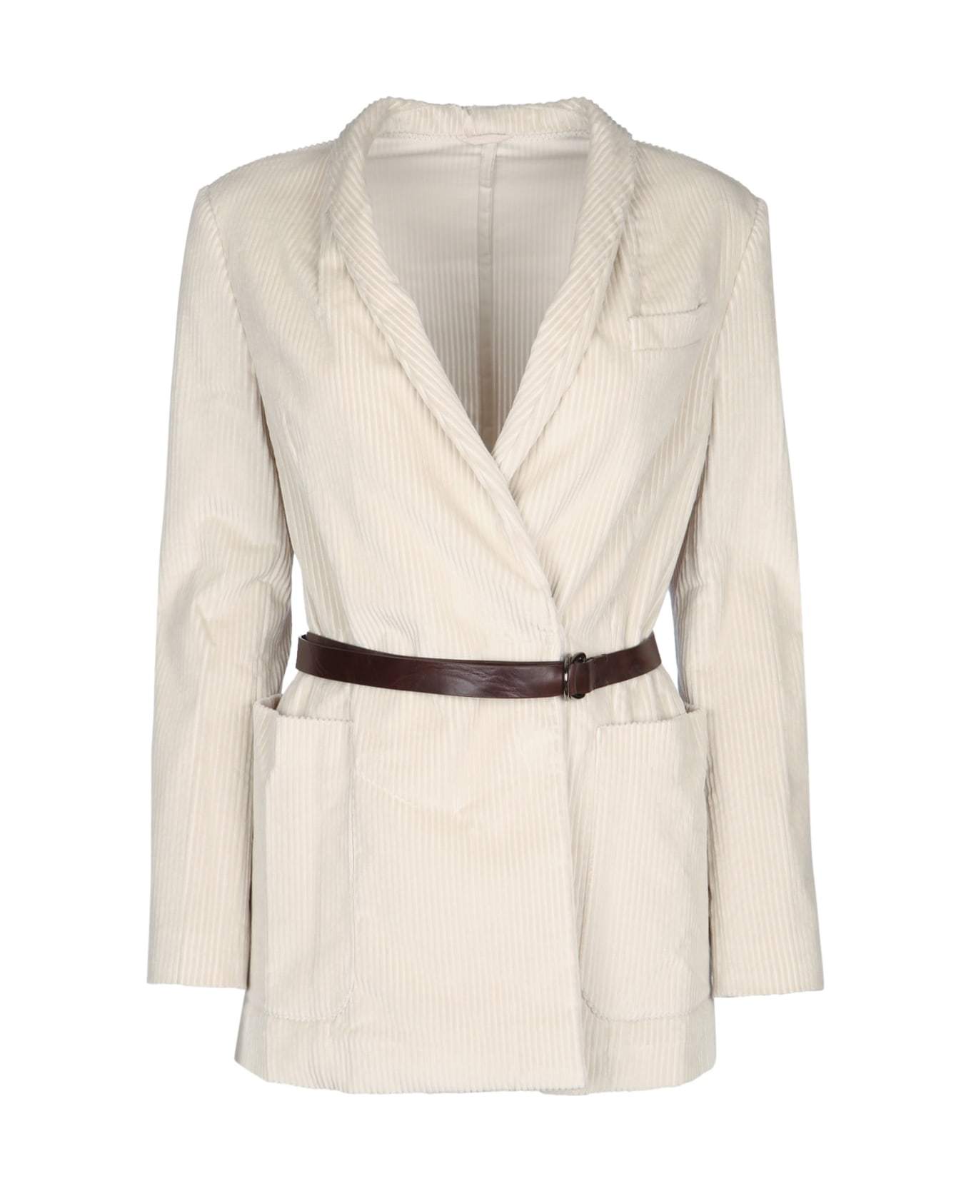 Brunello Cucinelli Long Sleeve Belted Jacket In Neutral