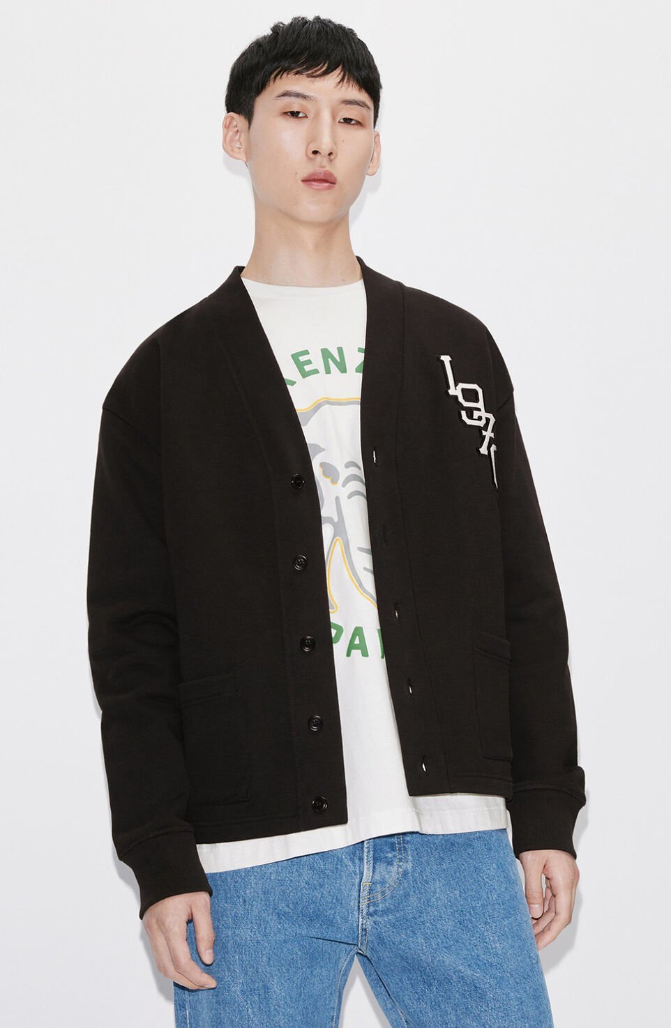 Kenzo Long-sleeved Knitted Cardigan In Black