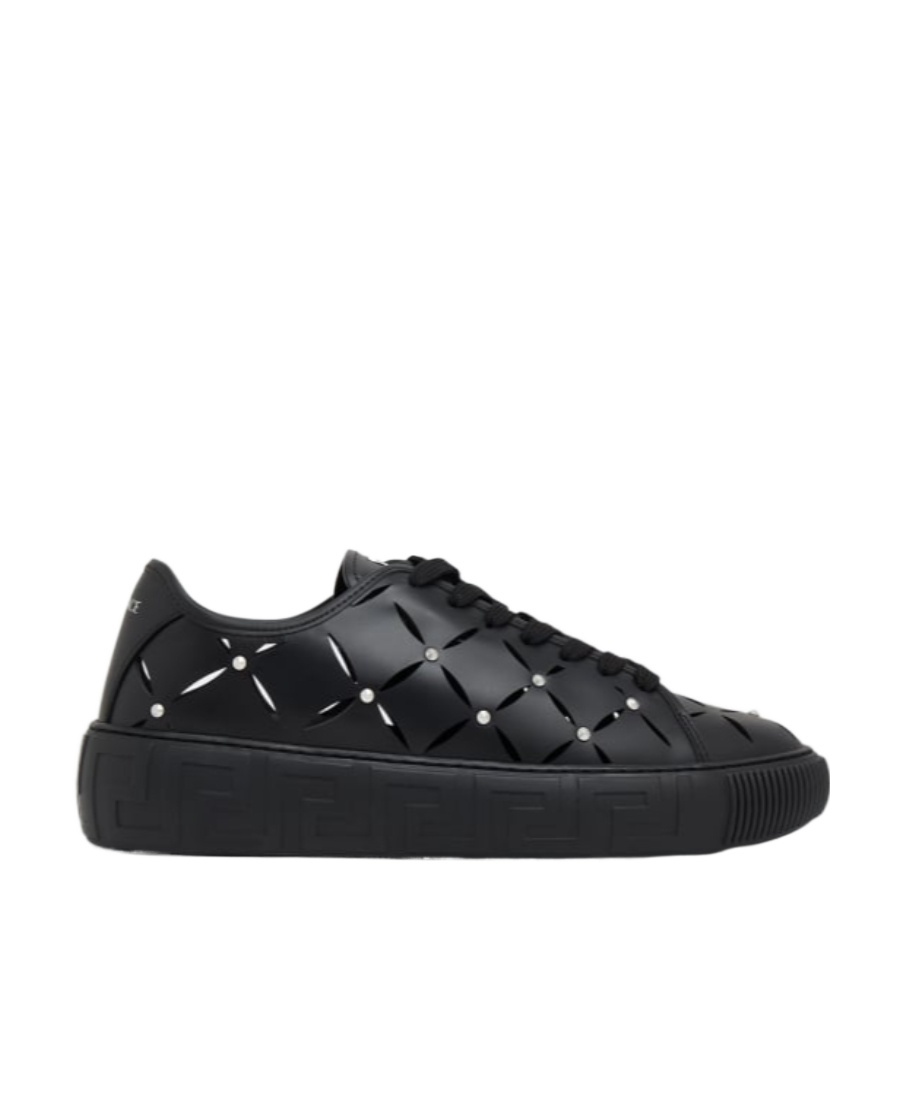 Versace Perforated Studded Sneakers In Black