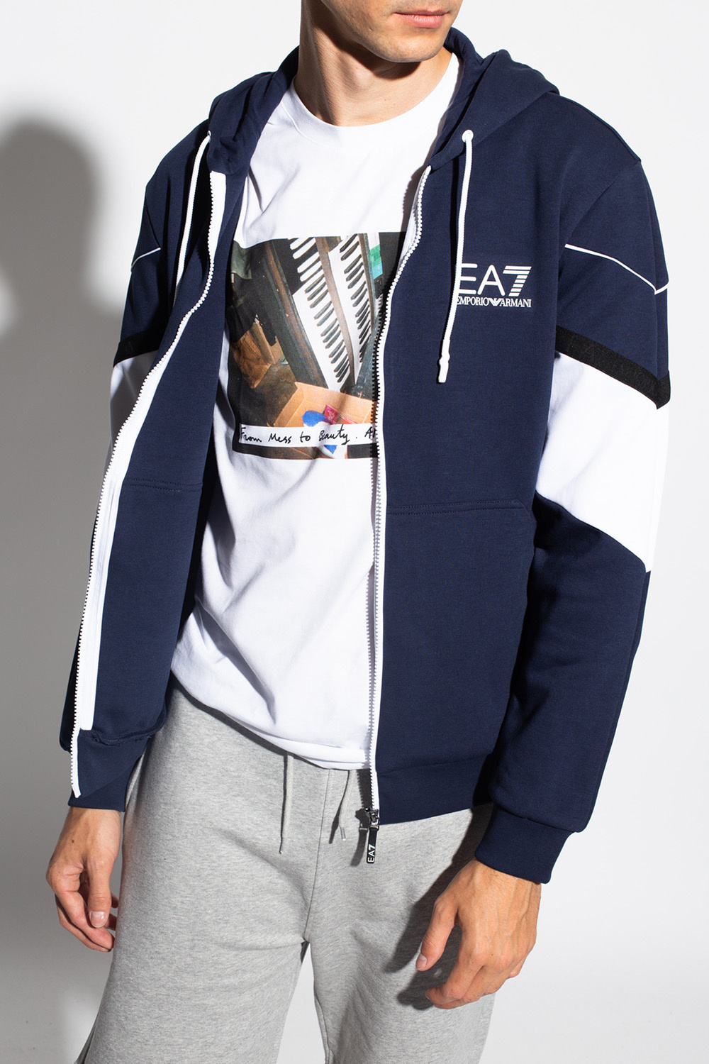 Ea7 Zip-front Logo-print Hoodie In Blue