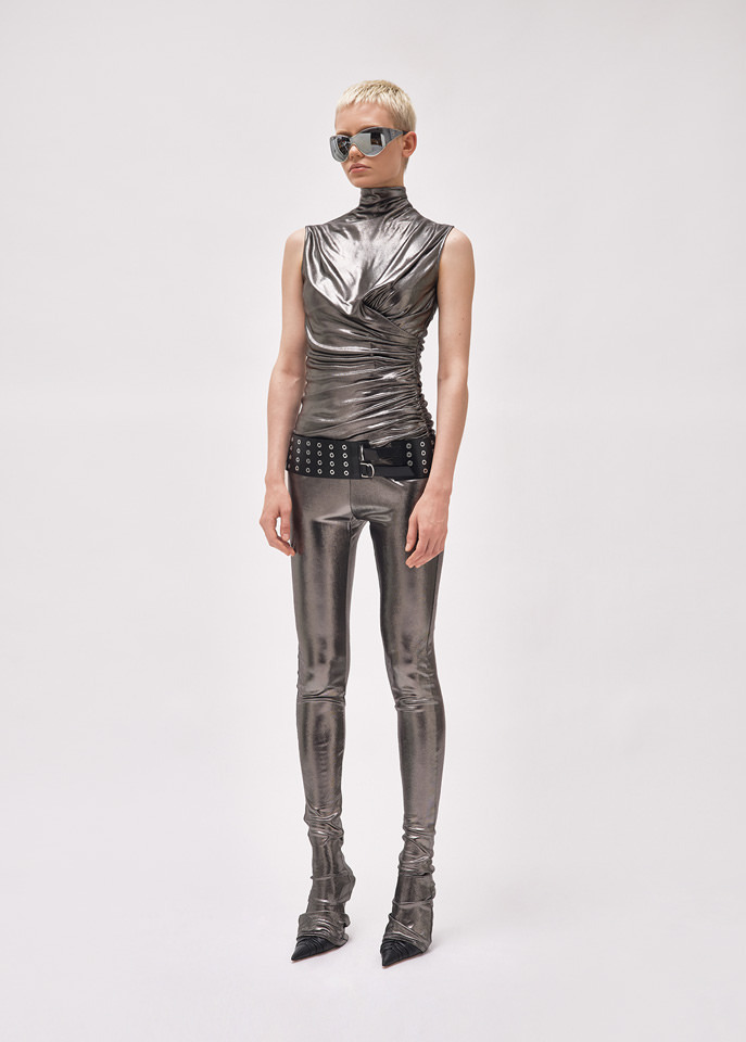 Blumarine Laminated-finish Puddle-hem Stretch Leggings In Gray