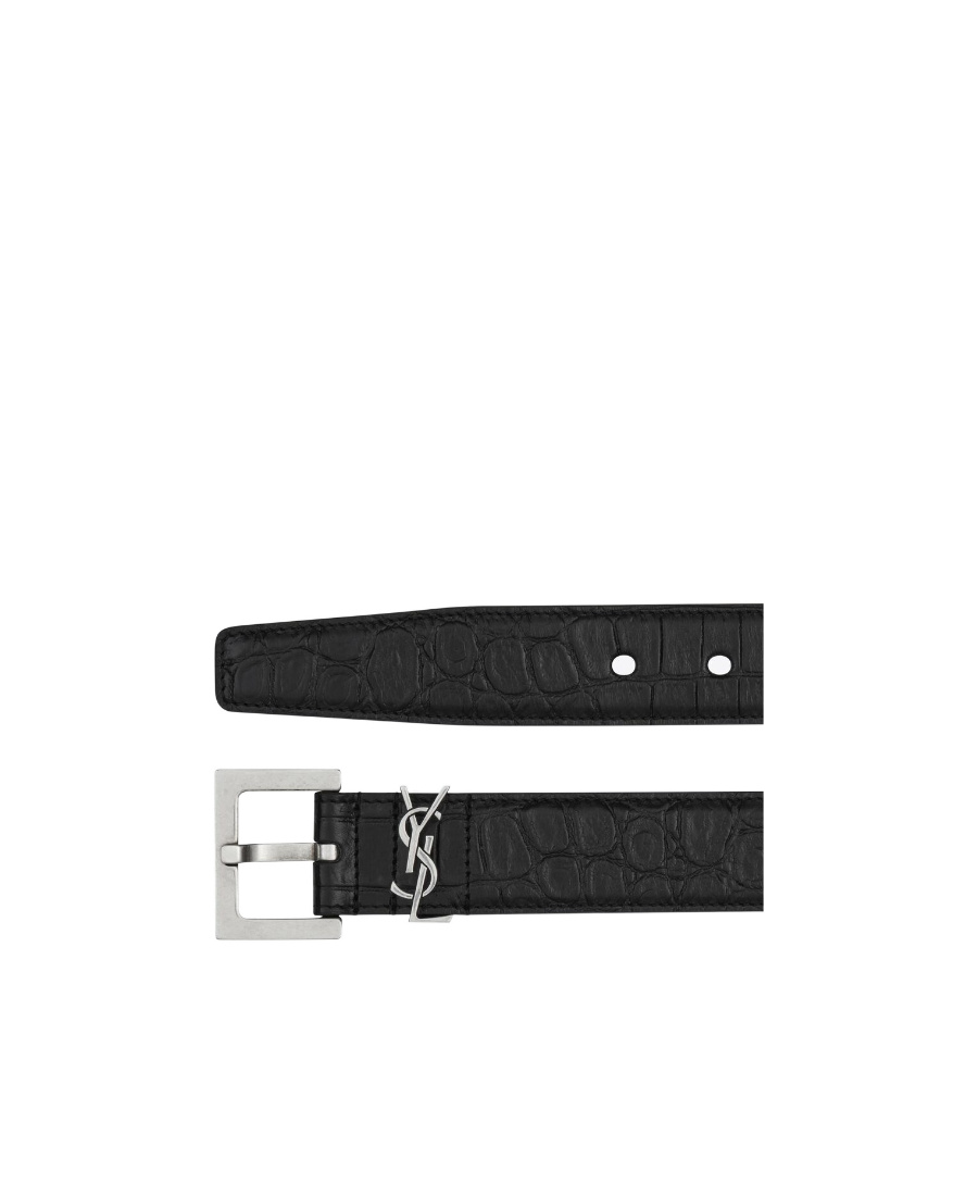 Saint Laurent Logo Plaque Crocodile-effect Belt In Black