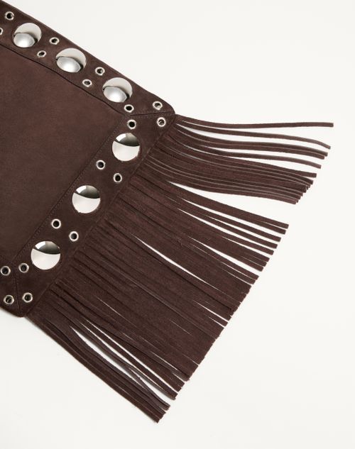 Valentino Fringed Eyelet-embellished Suede Shoulder Bag In Brown