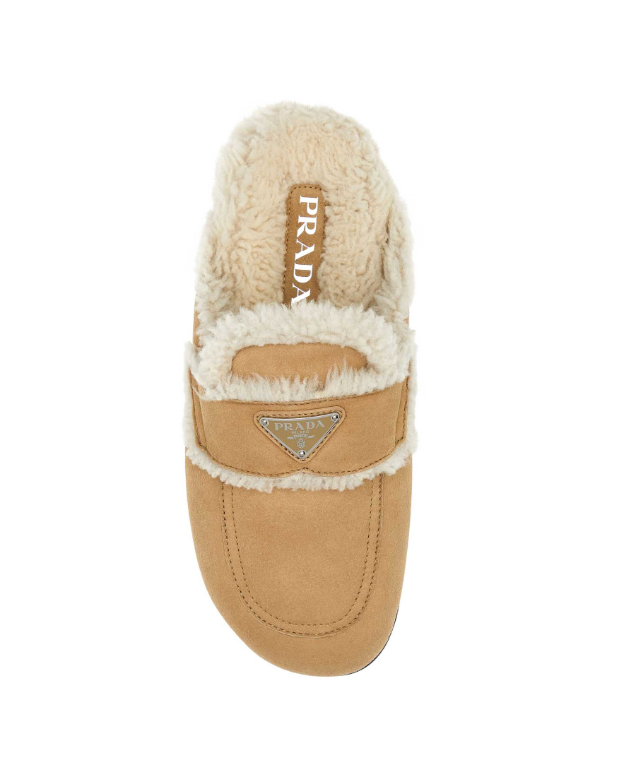 Prada Triangle Logo Shearling Flat Mules In Brown