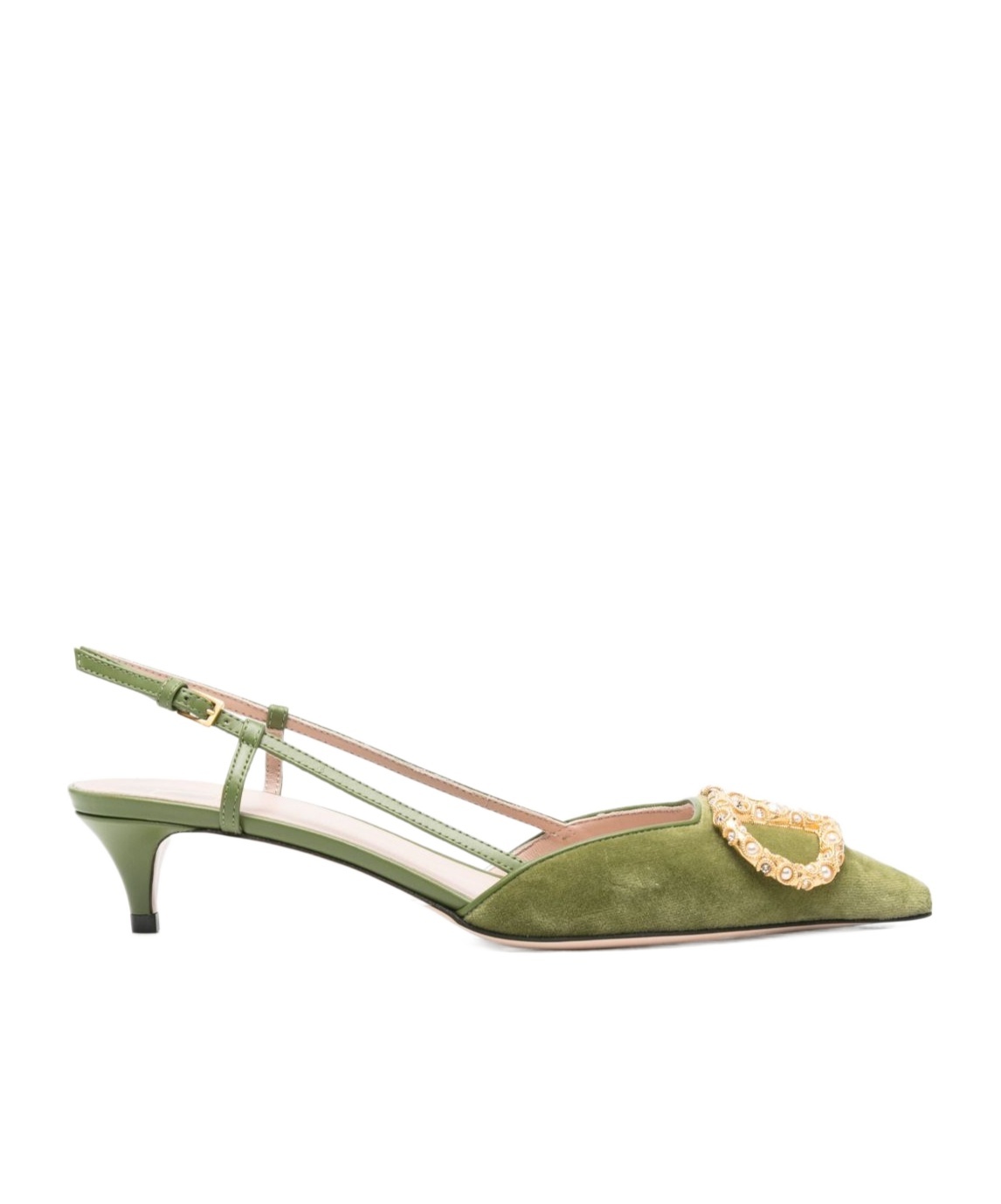 Valentino Signature Velvet Slingback Pumps Embellished Buckle In Green