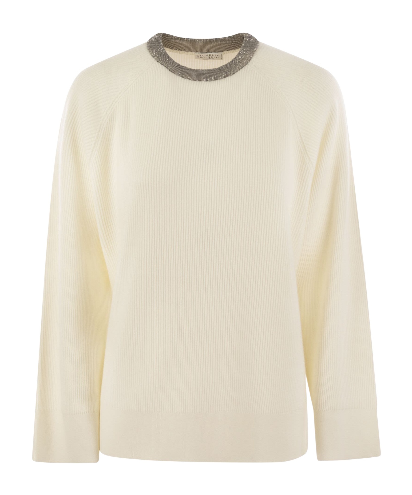 Brunello Cucinelli Women's Ribbed Cashmere Sweater With Necklace In Nude