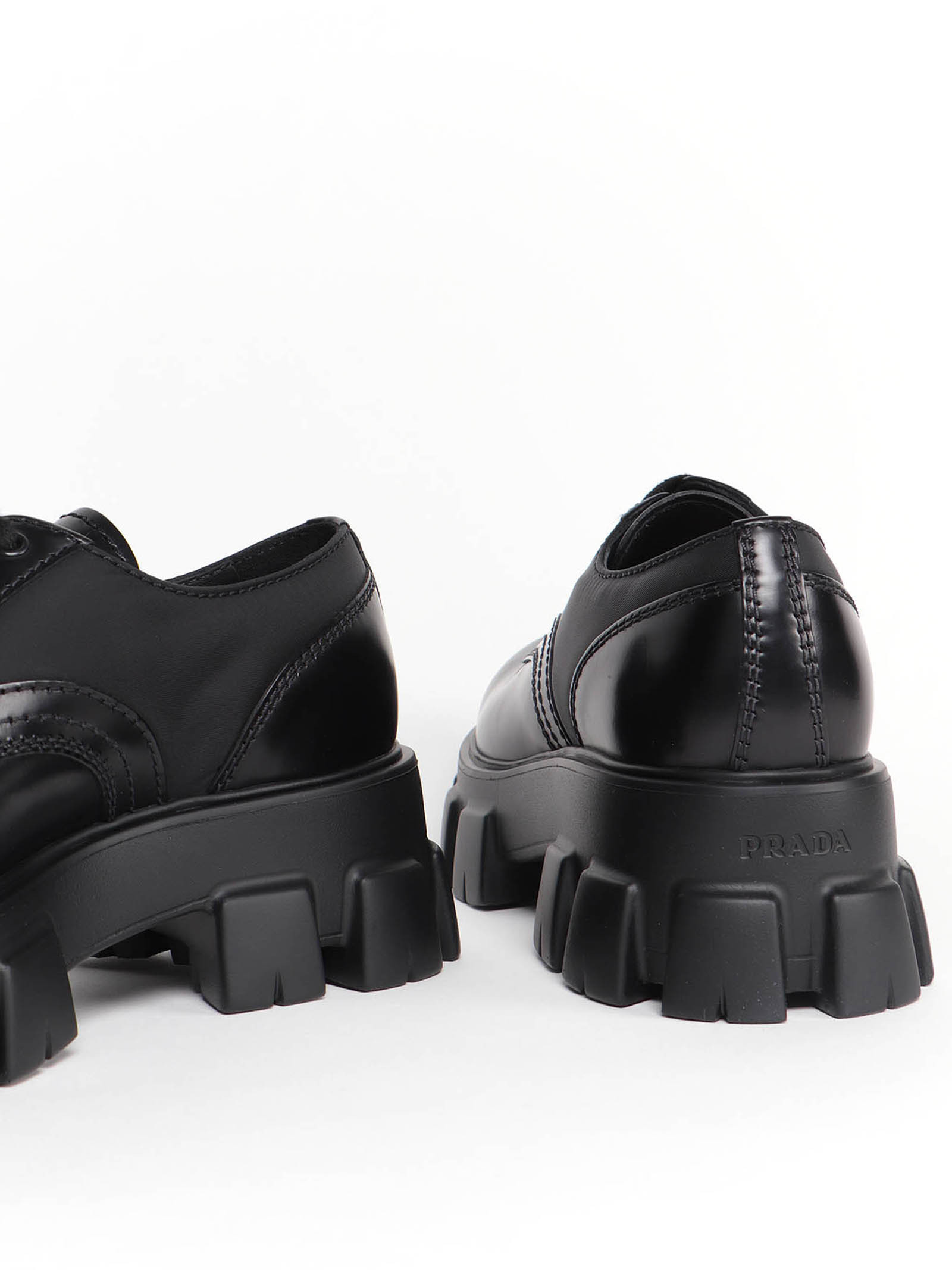Prada Monolith Brushed Rois Leather And Nylon Lace-up Shoes In Black