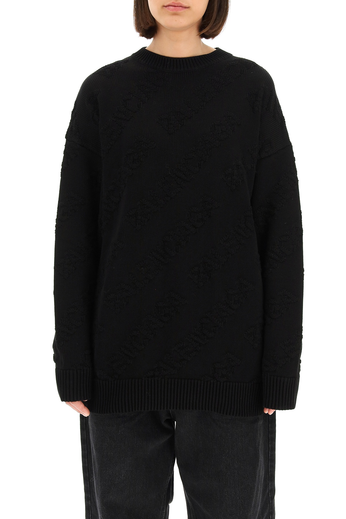 Balenciaga Allover Logo Intarsia Knitted Sweater In Black