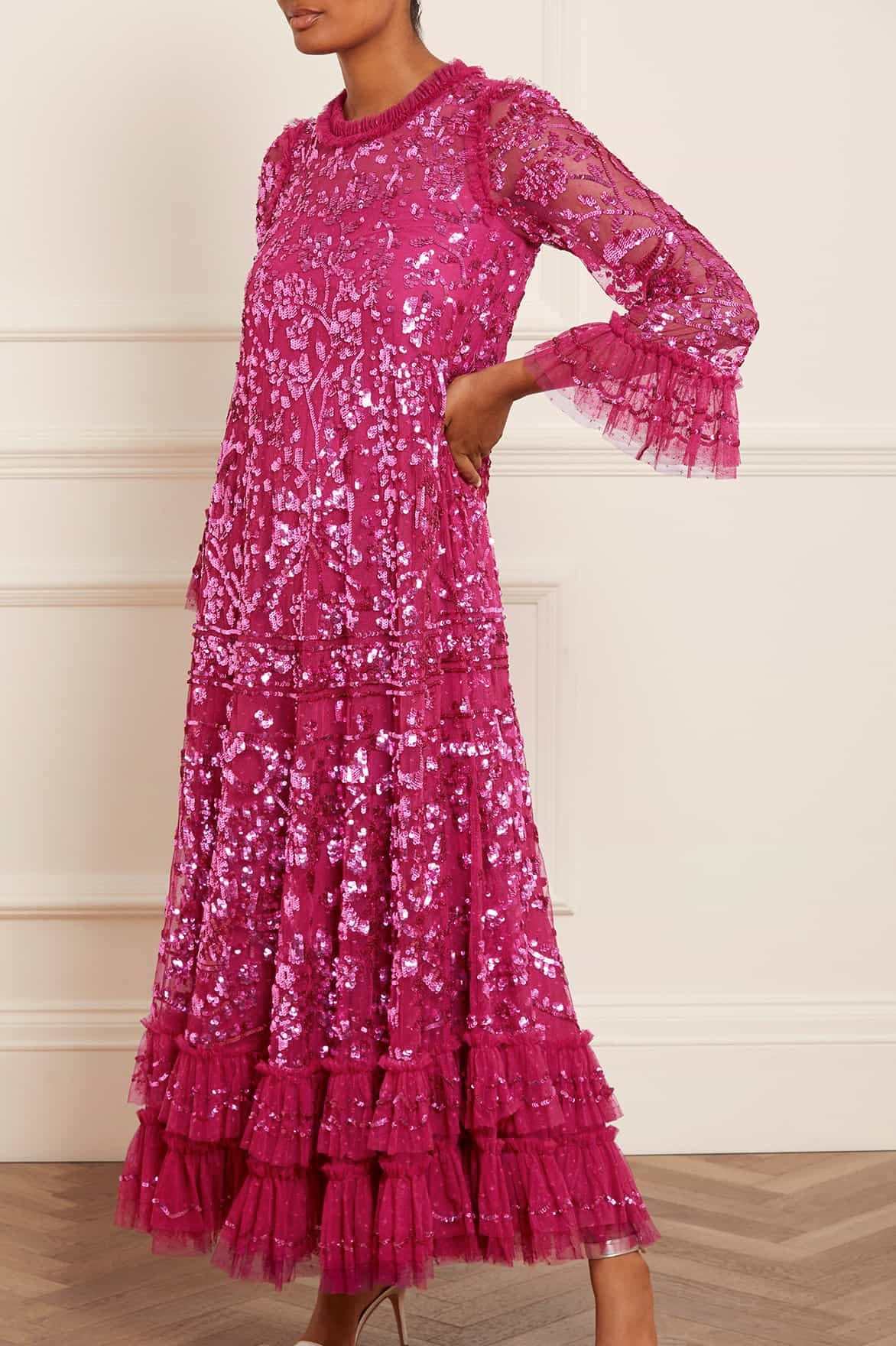 Needle & Thread Sequinned Ruffled Maxi Dress In Pink