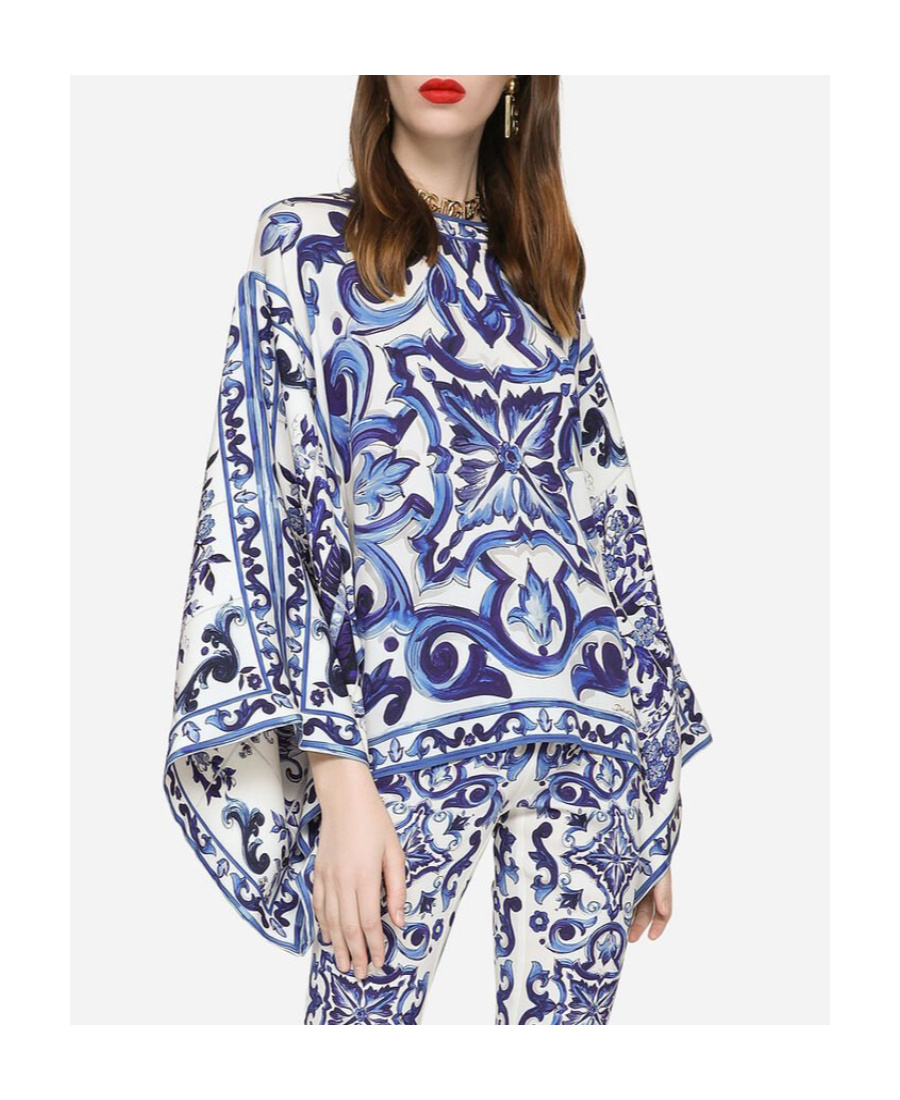 Dolce & Gabbana Majolica-print Round Neck Charmeuse Blouse In Blue