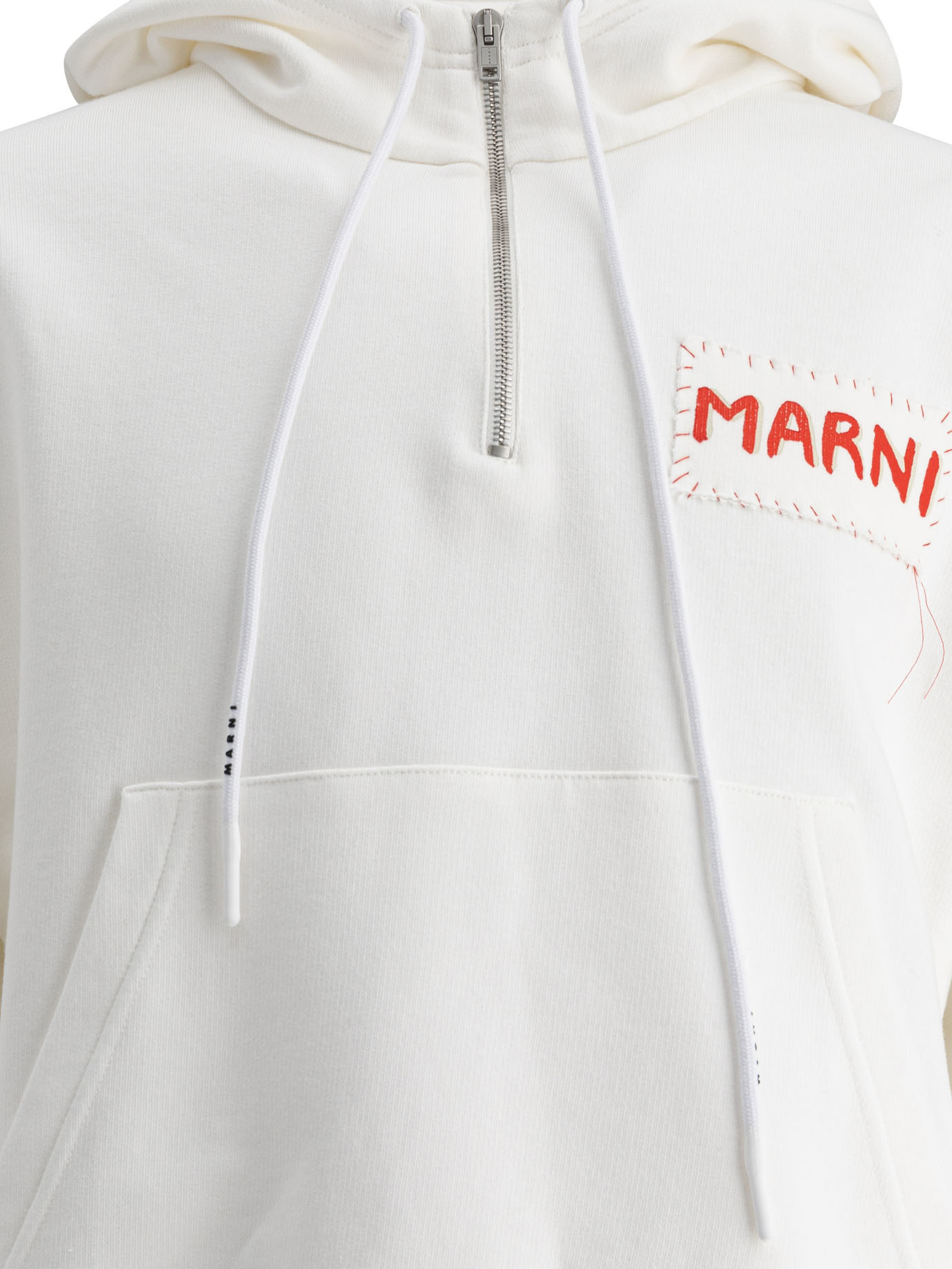 Marni Relaxed-fit White Hoodie With Embroidered Logo Patch In Red