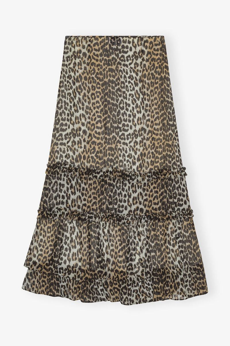 Ganni Animal Print Flared Layered Leopard Skirt In Brown