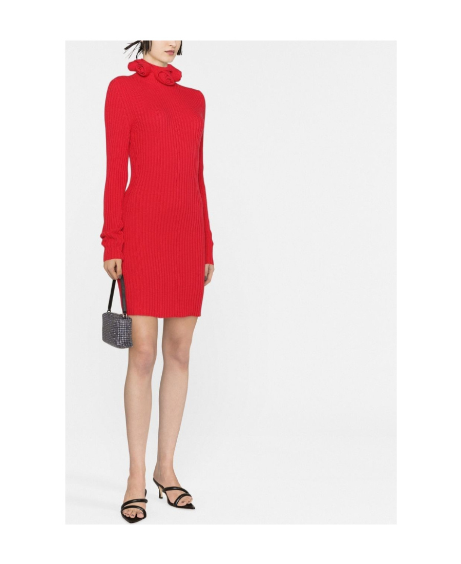 Blumarine Short Knit Dress With 3d Roses In Red