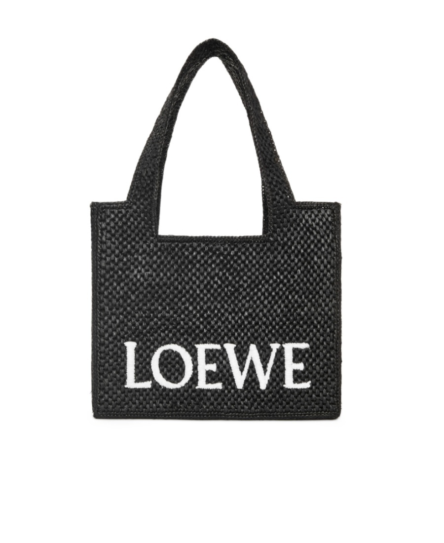 Loewe Logo Medium Tote Bag In Raffia In Black