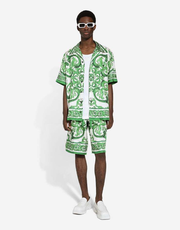 Dolce & Gabbana Maiolica Print Silk Bermuda In Green